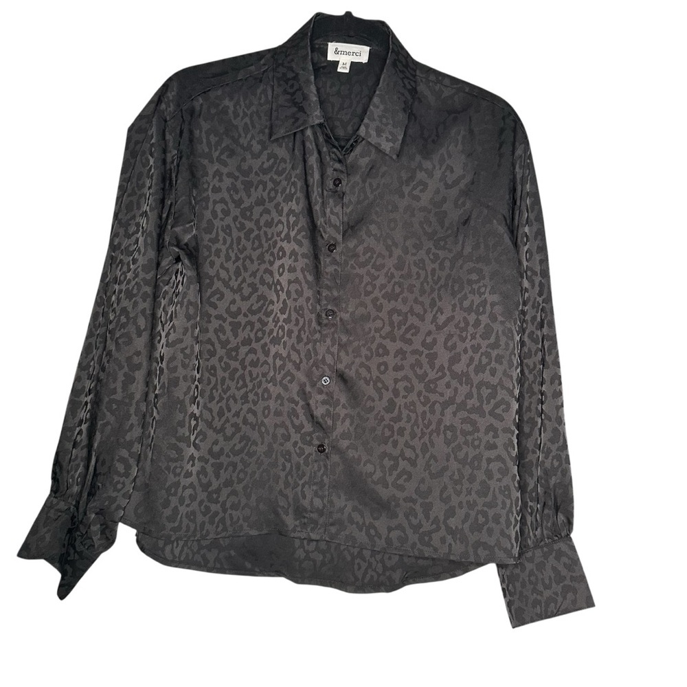Women’s Boutique Brand &merci Leopard Print Button-Up Shirt Black Blouse Medium
